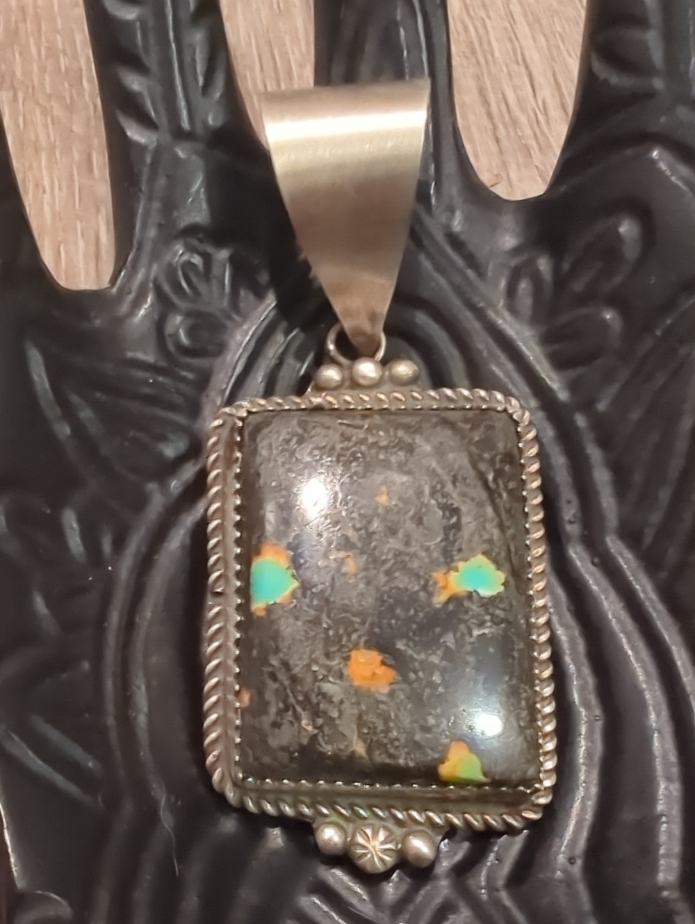 Navajo Handmade Blackjack Turquoise Sterling Silver Pendant